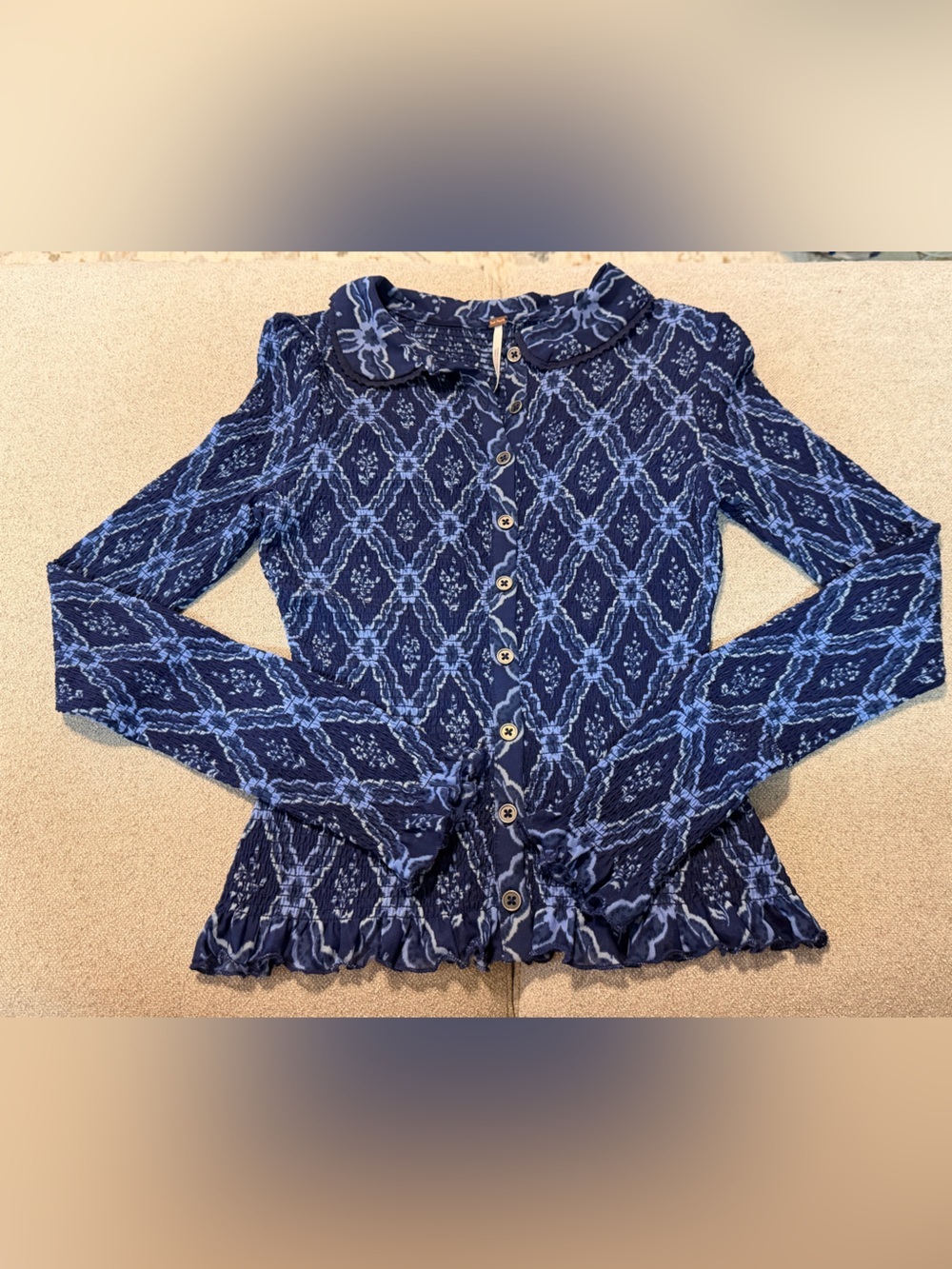 Blue Patterned Button-Front Blouse